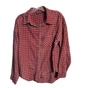 Brandy Melville Red Black Buffalo Plaid Button Up Long Sleeve Shirt Sz One Size